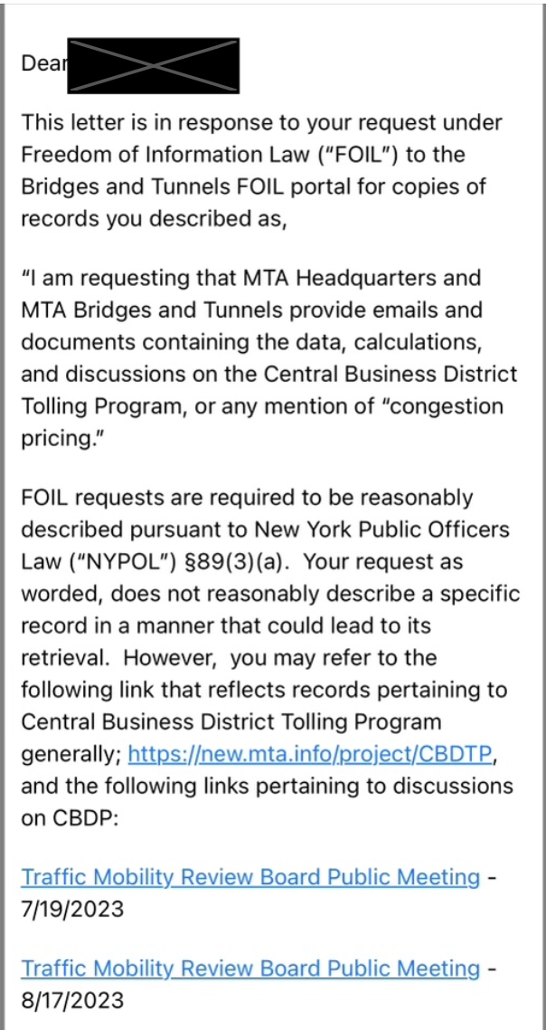RELEASE: MTA Continues Hiding, Refuses to Explain Congestion Tax 